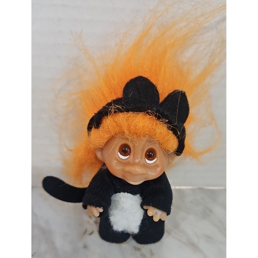 Thomas Dam Troll 3" Doll Halloween Black Cat Vintage Trick Or Treat Orange Hair